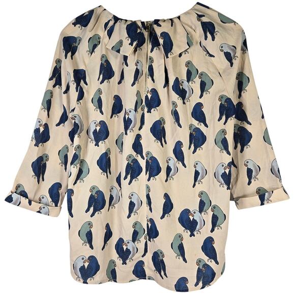 Frnch Love Bird Pattern Tan & Blue 3/4 Sleeve Blouse S/M - Picture 2 of 7